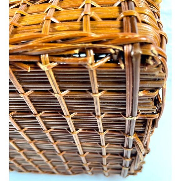 Woven Wicker Rattan Square Suitcase Handbag Picnic Basket Storage Leather VTG - Picture 15 of 16